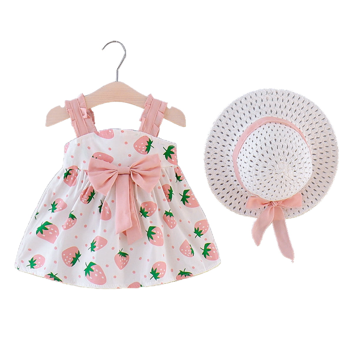 Baby Girls Floral Big Bowknot Sundress Dots Print Sleeveless Dress Sun Hat Set 