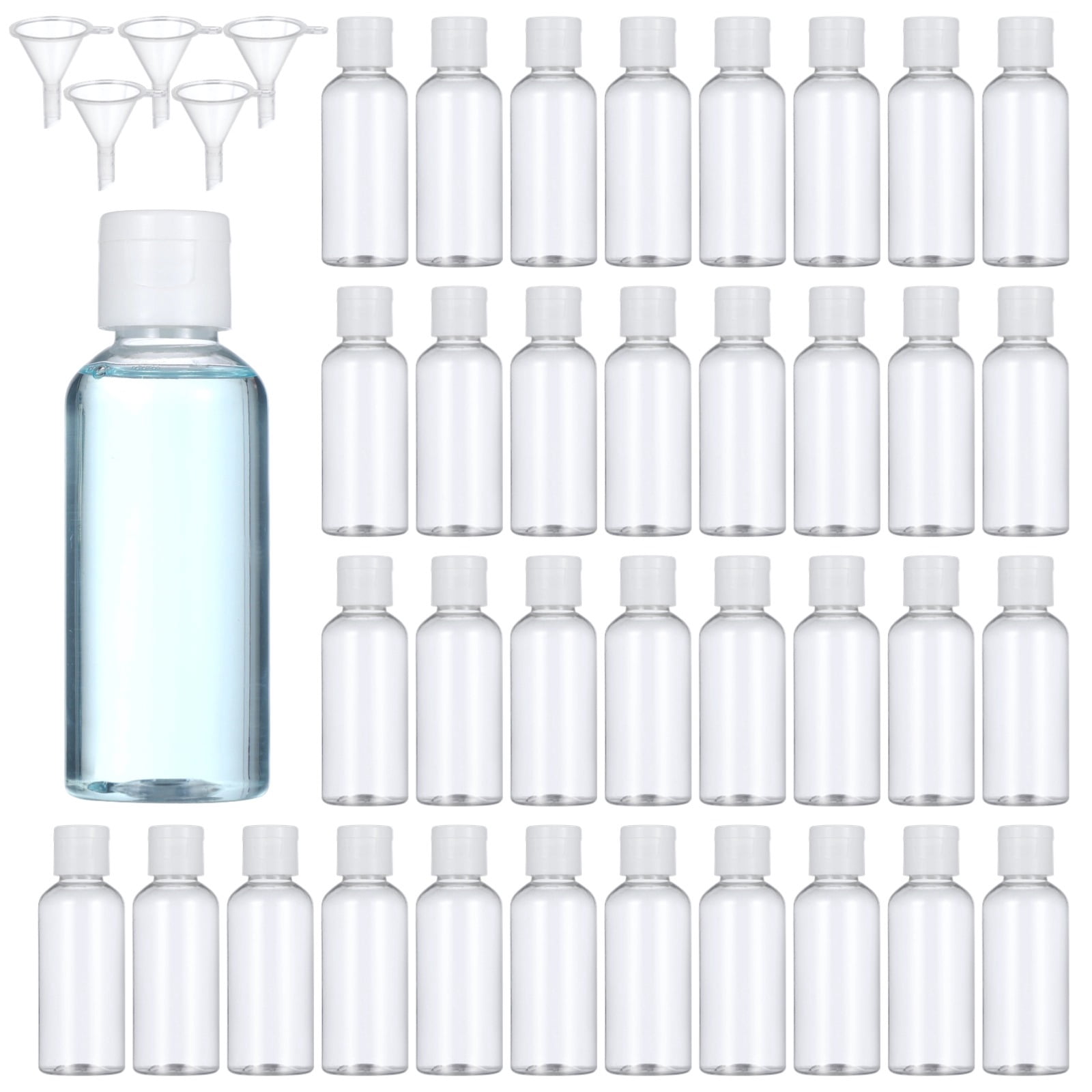 100 PCS Travel Bottles, 2 OZ / 60ML Plastic Bottles with Lids, Travel Size Cover Cap Plastic Bottles Refillable Dispensing Bottles with 5 Funnels Liquid Lotion for Travel Business