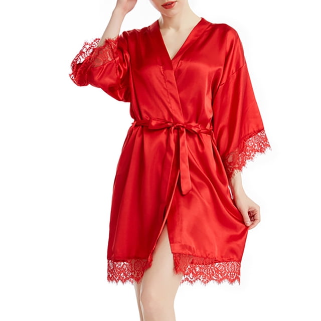 Bata de baño para mujer, bata de satén sexy tipo kimono con bolsillos, bata de baño corta con cinturón, camisón para novia, ropa de dormir con encaje floral