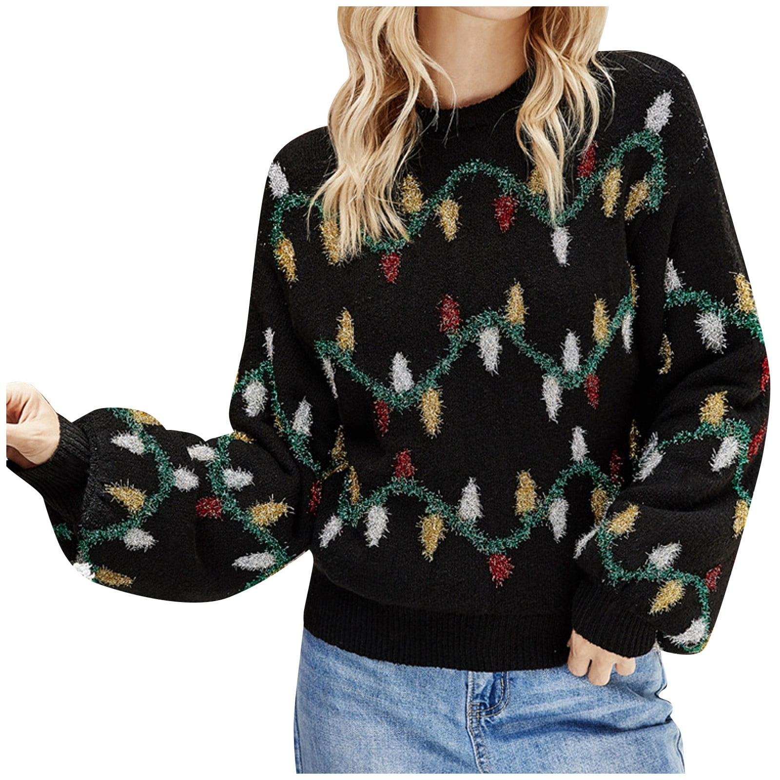 Women Christmas Color Light Bulb Pattern Round Neck Sleeve Knit Sweater  Pullover Jumper Sweaters for Women Open Front - Walmart.com