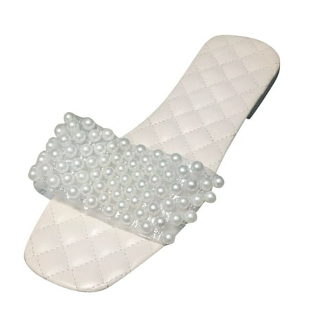

Kukoosong Flat Sandals for Women Summer New Fashion Pearl Decoration Slippers Flat Casual Slippers Sandals Women White 35