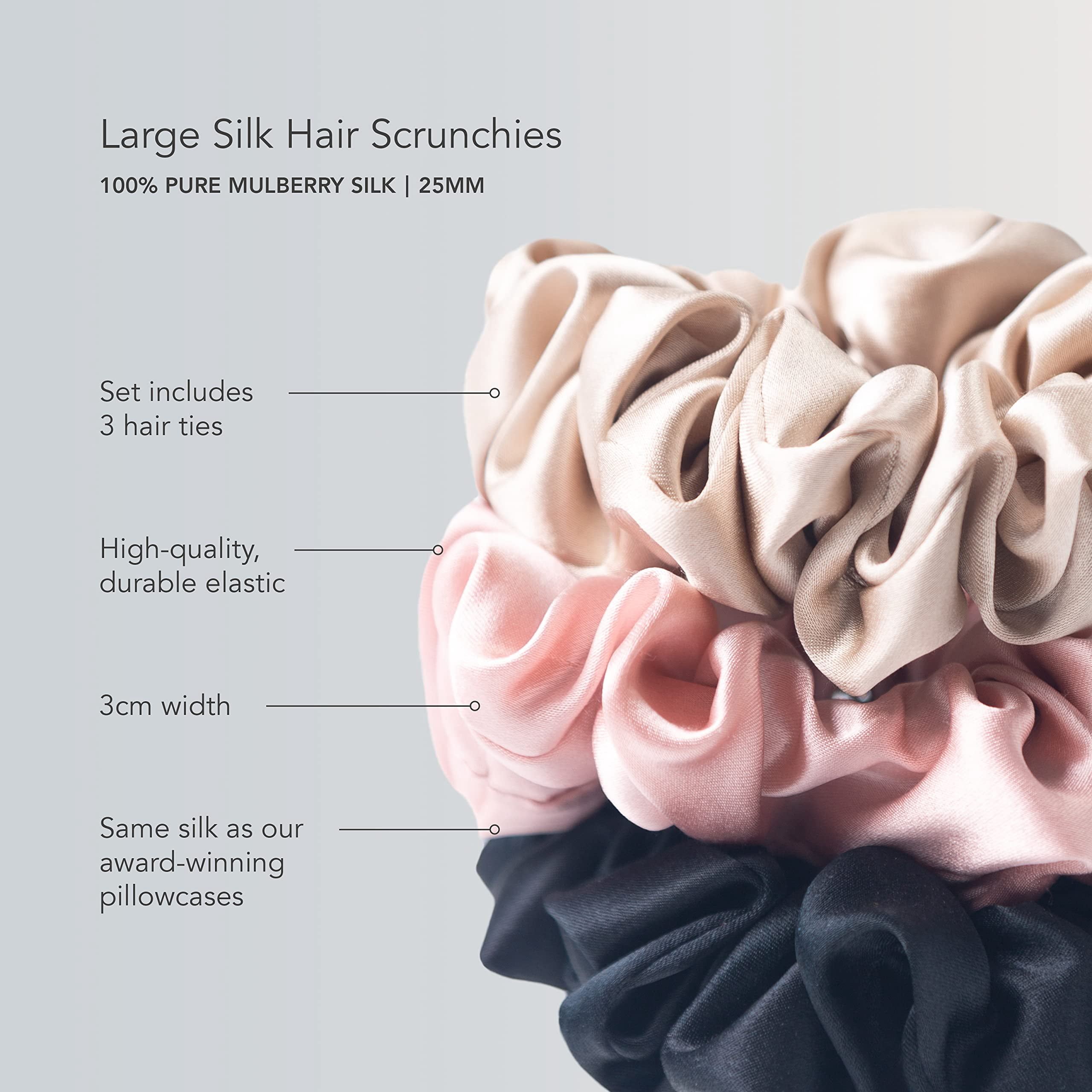 Fishers Finery 25 Momme 100% Pure Mulberry Silk Large Scrunchies (Navy|Light Blue|White - 3 Pk)