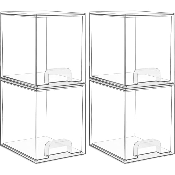Juego de 4 cajones de almacenamiento apilables, contenedores organizadores de plástico transparente para suministros de baño, ideal para organización de gabinete, despensa, cuarto de