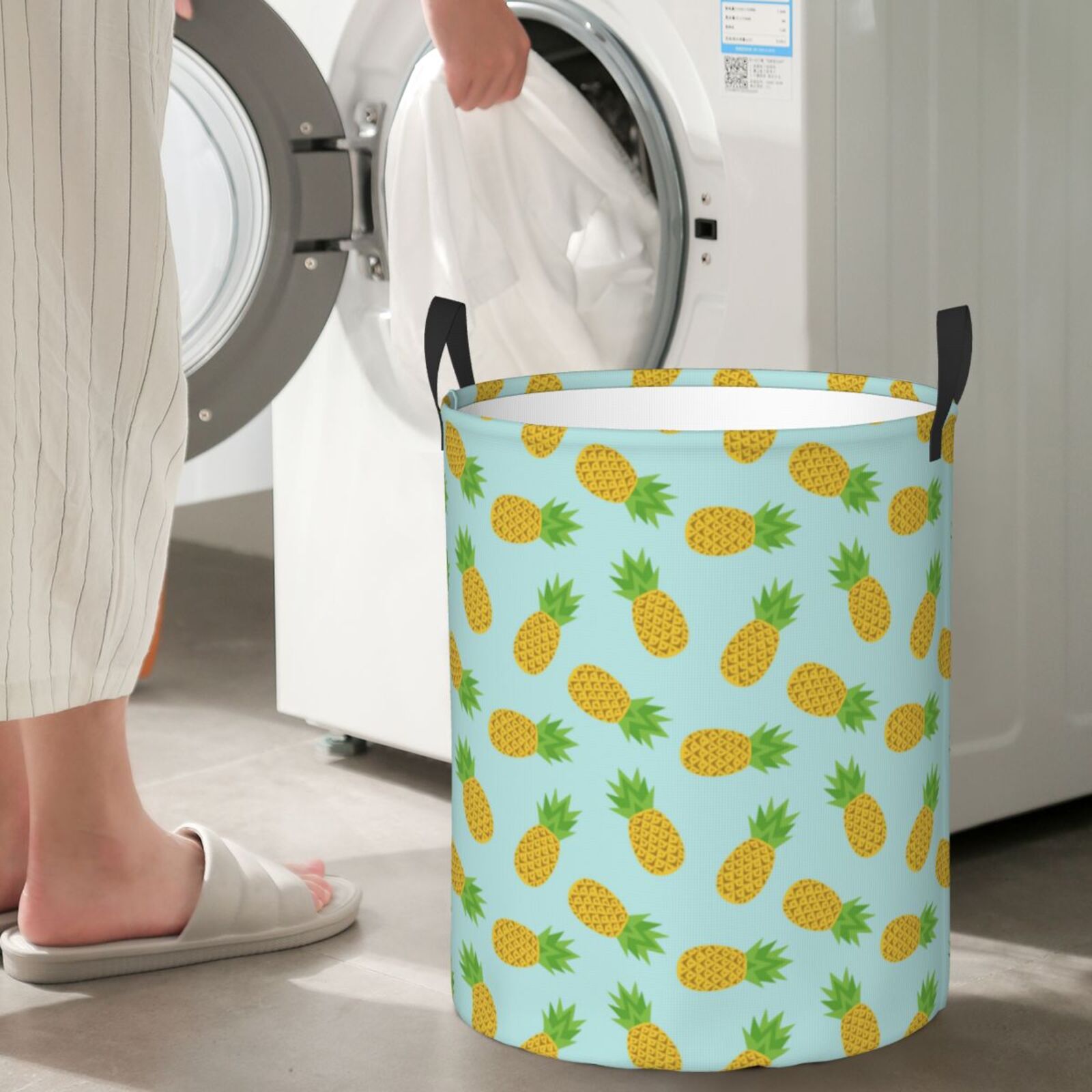 Large Laundry Basket with Handles - Cute Pineapple Light Blue Kids Baby Dirty Clothes Laundry Hamper for Bedroom Aesthetic