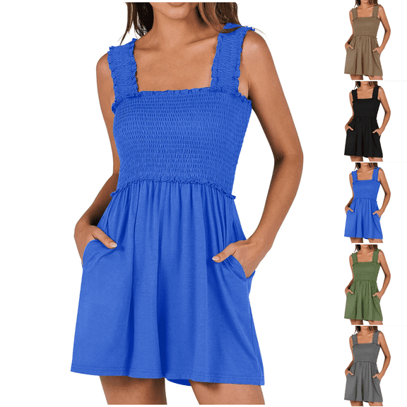 Women's Summer Casual Smocked Rompers Square Neck Sleeveless Loose Shorts Jumpsuit and Side Pockets 2026 Beach Vacation Outfits Black XXL