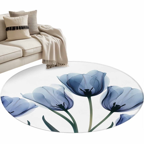 Blue Tulip Flower 3ft Area Rug, Vintage Spring Plant Floral Botanical Washable Non-Slip Small Round Rugs for Entryway Bedroom Kitchen, Soft Circle Carpet for Dining Room, Playroom Nursery Rug
