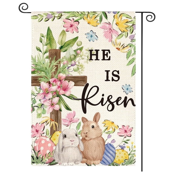 Sinkoo Easter Garden Flag 12x18 Inch Double Sided Outside, He Is Risen Bunny Flowers Cross Yard Outdoor Decoration Seasonal Spring Flag