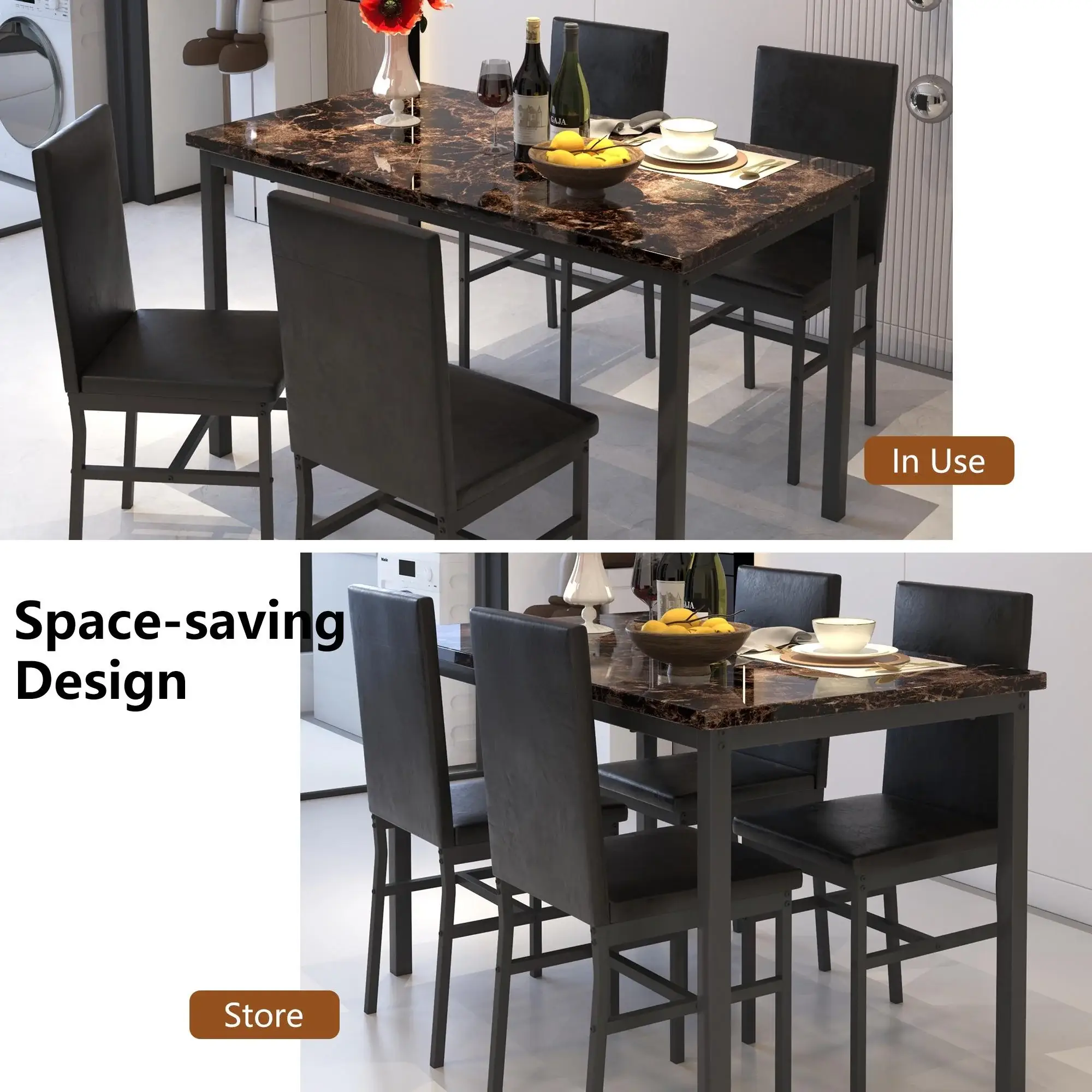 5 Piece Dining Table Set, Dining Table Set for 4, Modern Pub Bistro Table with Storage Shelf for Kitchen, Coffee Shop, Small Space