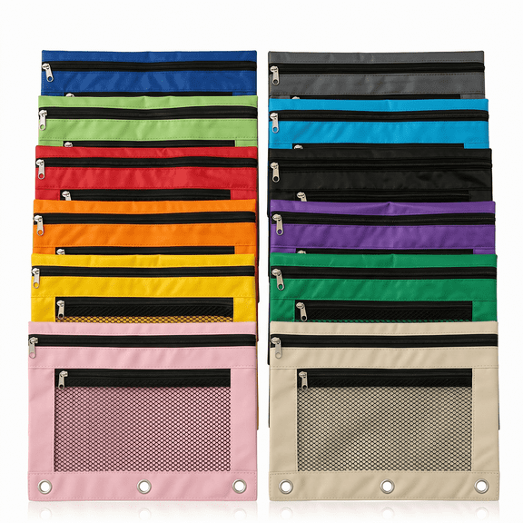12 Pack 3 Ring Binder Pencil Pouch Set | 12 Assorted Colors Zipper Mesh Pencil Bags | Binder Pencil Case for Office Supplies & Desk Organization