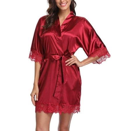 

Fymall Women s Sexy Lace Imitation Silk Half Sleeve Pajamas Robe