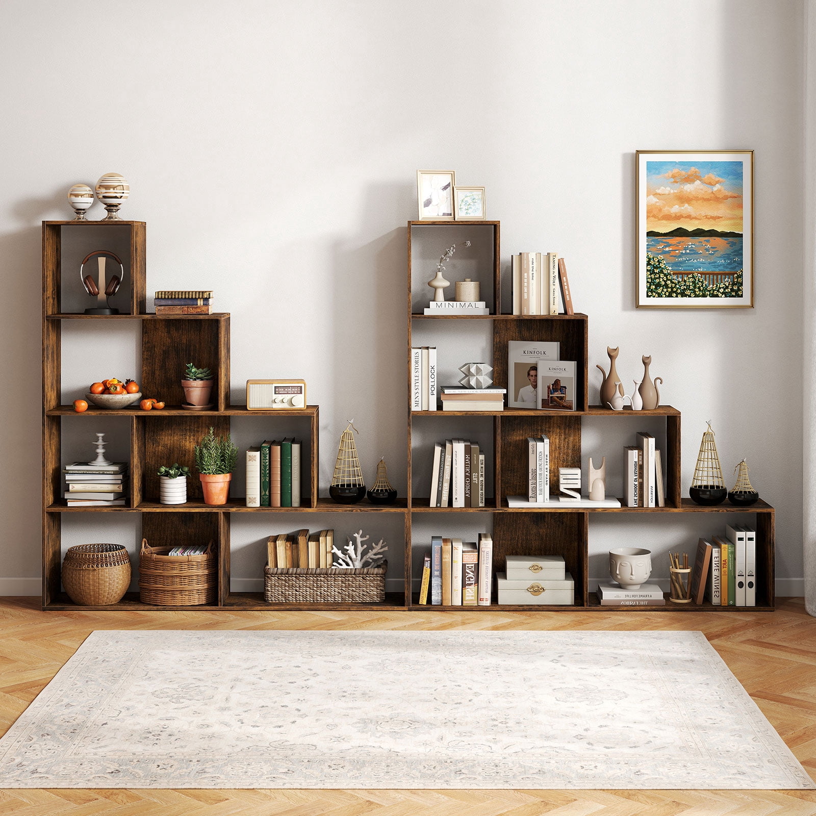 Costway 4-Tier Stepped Bookshelf with 6 Cubes, 64” Tall Organizer with Anti-Tipping Kits Rustic Brown