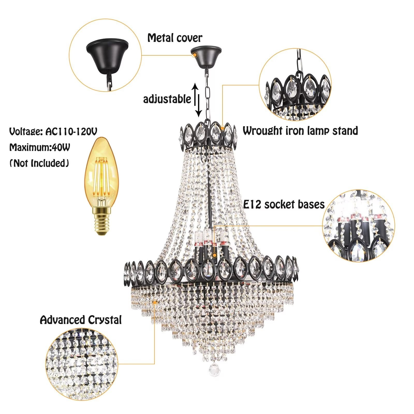 9-Light Empire Crystal Chandelier, Modern Luxurious K9 Crystal Pendant Light Ceiling Light Fixture for Living Room Dining Room