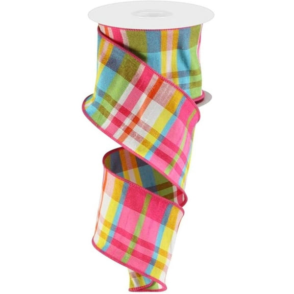 2.5" Faux Dupioni Plaid Ribbon: Pink/Turquoise/Lime/Yellow (10 Yards)RGP1098AW