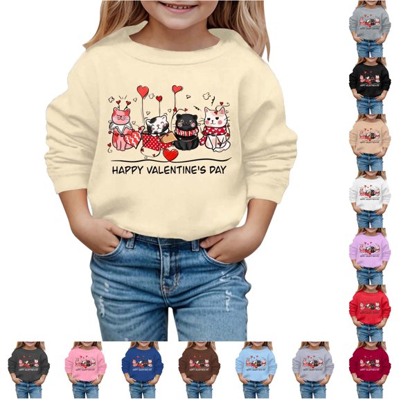 SONXAHE Toddler Girl's Valentine Kitten Heart Text Print Sweatshirt Long Sleeve Graphic Sweatshirts Holiday Party Sweat Tops,Beige