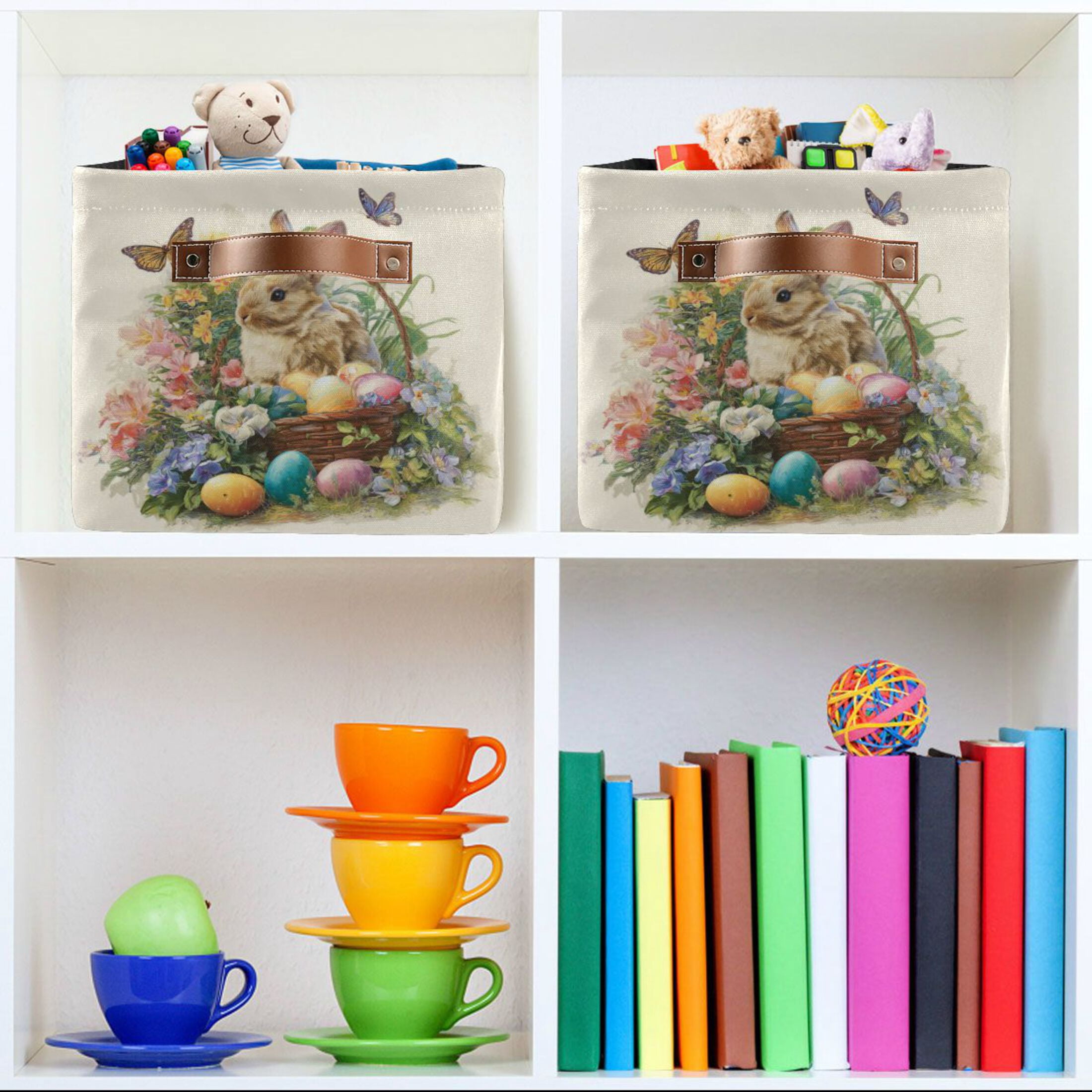 Wobogo Easter Egg Basket Bunny Square Storage Basket Set of 2 with Waterproof Canvas and PE Lining Durable PU Leather Handles 14.2×10.2×8.3in
