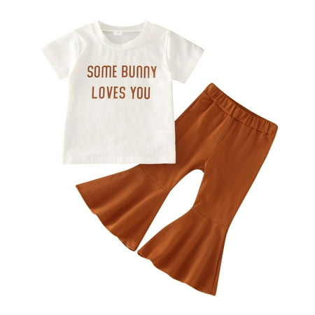 

Toddler Girls Short Sleeve Letter Printed T Shirt Pullover Tops Bell Bottoms Pants Kids Outfits Size 8 Girls Outfits