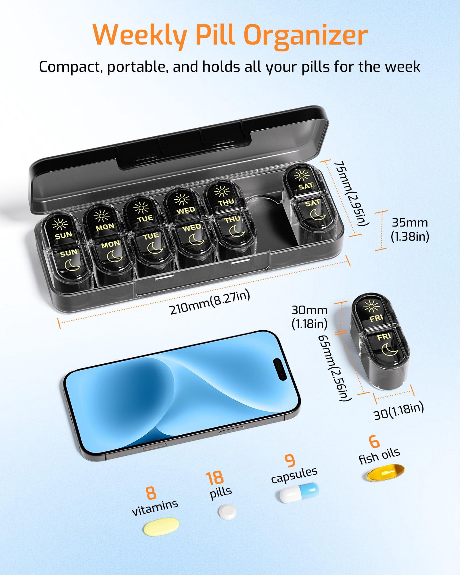 Weekly Pill Organizer 2 Times a Day, 7-Day AM PM Medicine Case, Travel-Friendly Pill Box for Fish Oils, Vitamins & Supplements