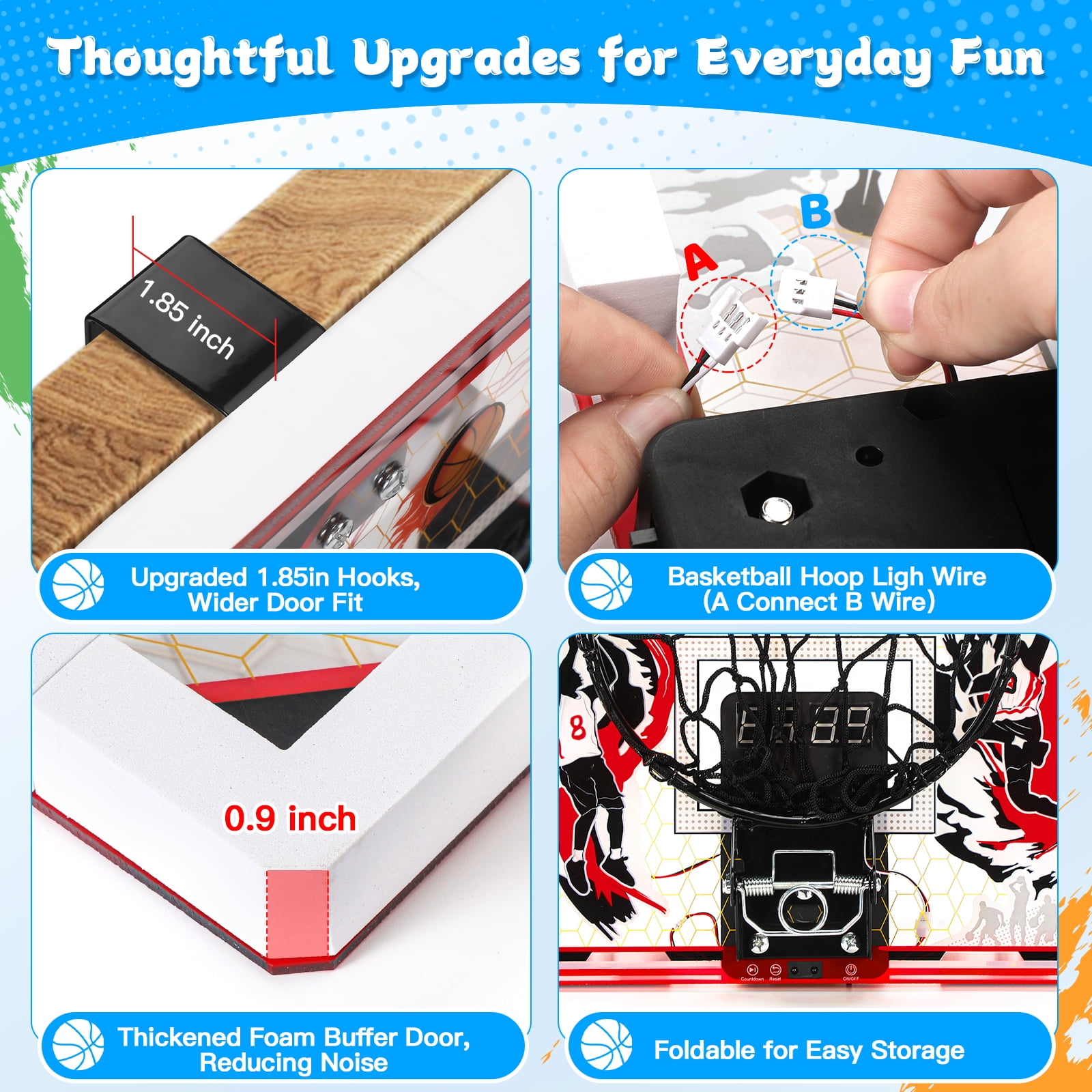 Quiet Flower Toy Basketball Hoop Over Door Indoor with LED Light, Scoreboard, 6 Modes, 3 Balls, 1-Pack