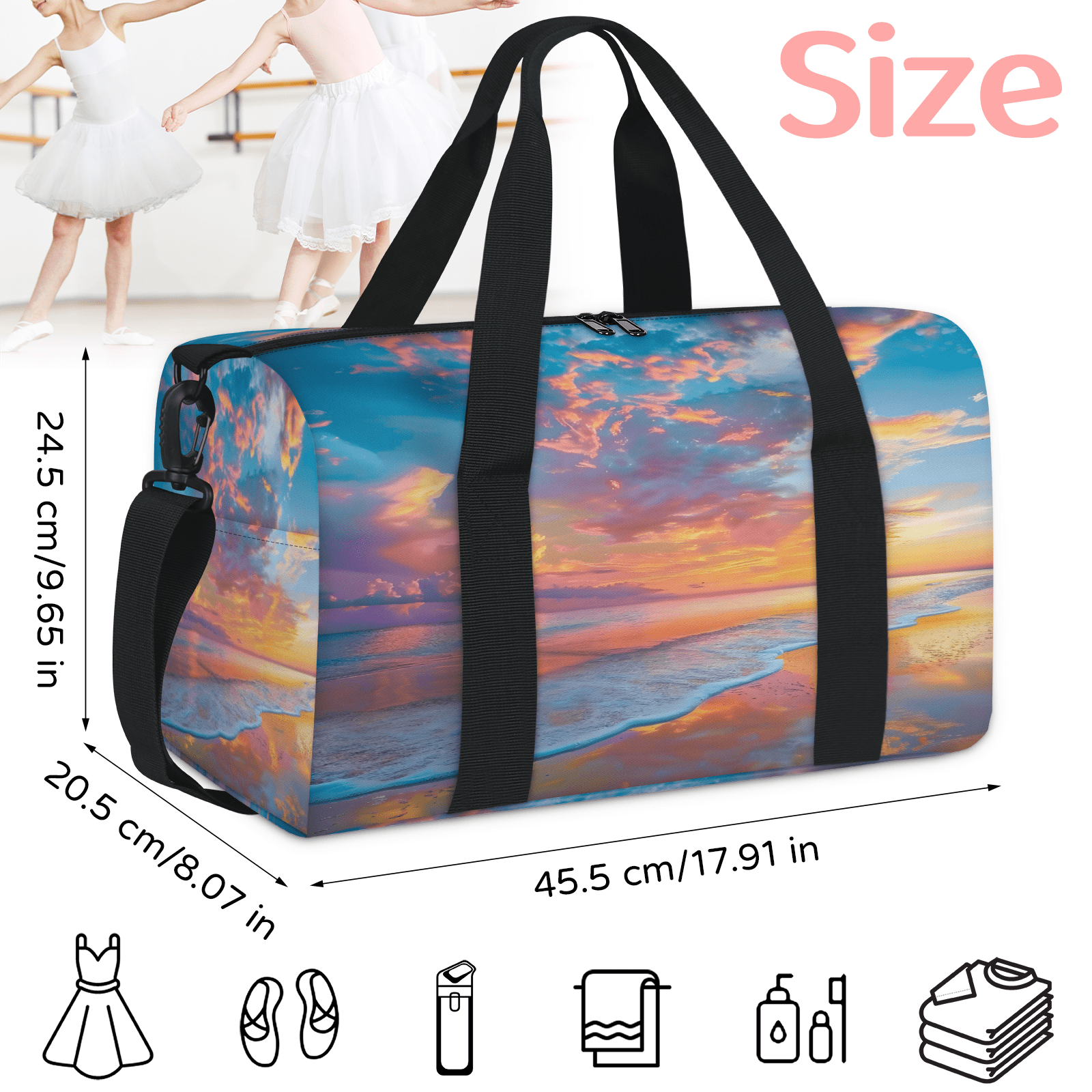 Herdesigns Hawaiian Beach Themed Gym Bag for Women, Duffle Bag for Travel Sport, Lightweight Waterproof Carry on Weekender Overnight Dance Yoga Workout Bags