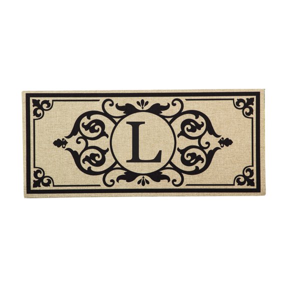 Evergreen,Sassafras Mat Set,Sassafras Switch Mat Size: 22"W x 10"H, Black Scroll Sassafras Mat Tray: 30"W x 18"H, Cambridge Monogram Burlap , Letter L