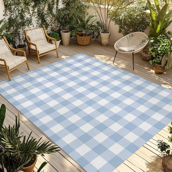 Light Blue Plaid Outdoor Rug for Patio/Deck/Porch, Non-Slip Large Area Rug 3 x 5 Ft, Modern Minimalist Country Indoor Outdoor Rugs Washable Area Rugs, Reversible Camping Rug Carpet Runner