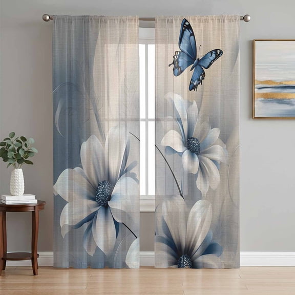 Elegant Floral Sheer Curtains 96 Inch Length 2 Panels Set, Modern Blue Butterfly Flowers Burlap Voile Window Treatment Semi Sheer Long Curtains Drapes for Bedroom/Living Room/Kitchen 52"x96"x2