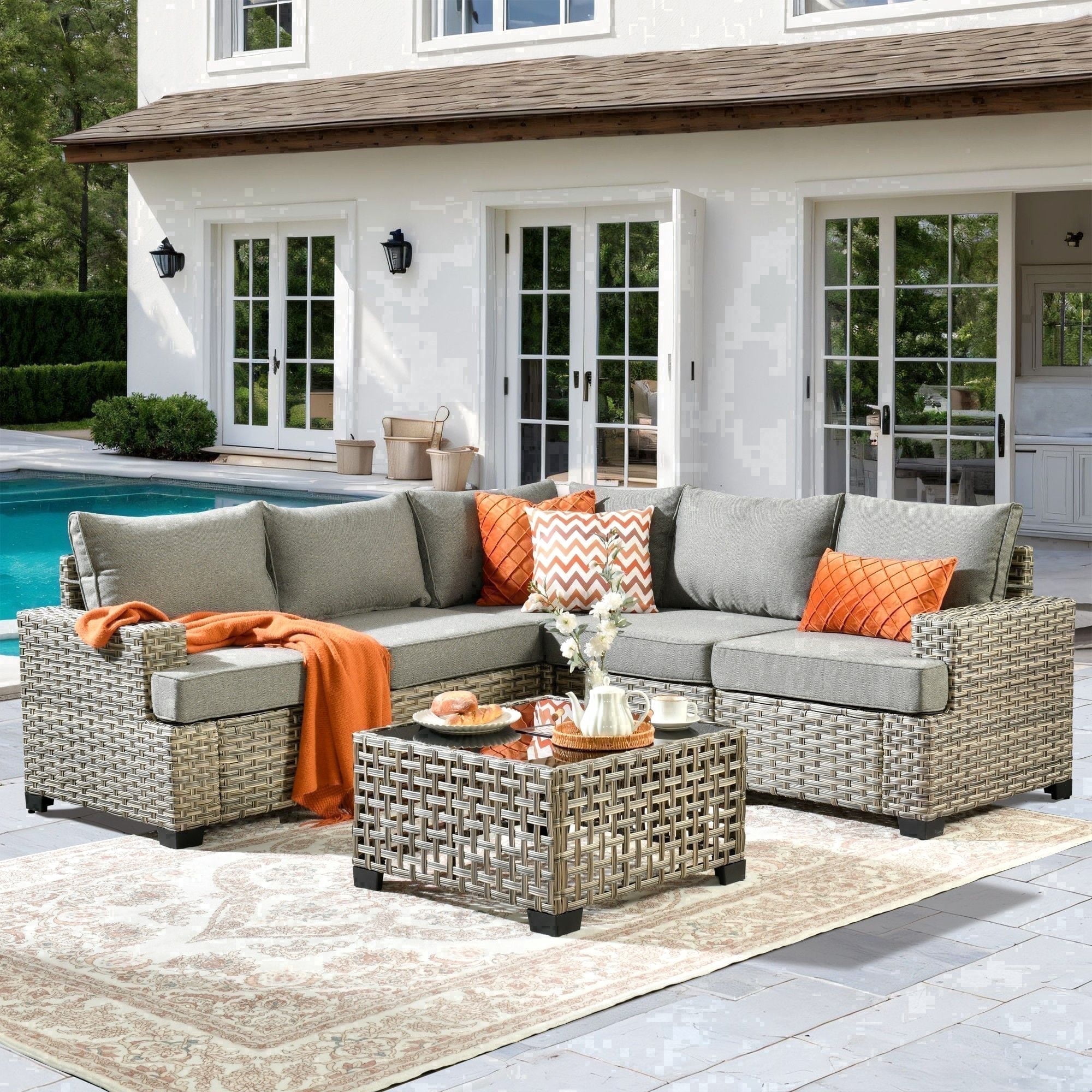 XIZZI 6-Piece Outdoor Patio Sectional Furniture Sets, Wicker Patio furniture with Coffee Table and Cushions, Waterproof Outdoor Conversation Set for Balcony, Porch, Backyard, Dark Gray