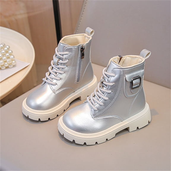 Cethrio Little Girls Ankle Boots, Breathable Non-Slip Soft Sole Side Zipper Lace-up Boots Silver Size 12(Little Kids)