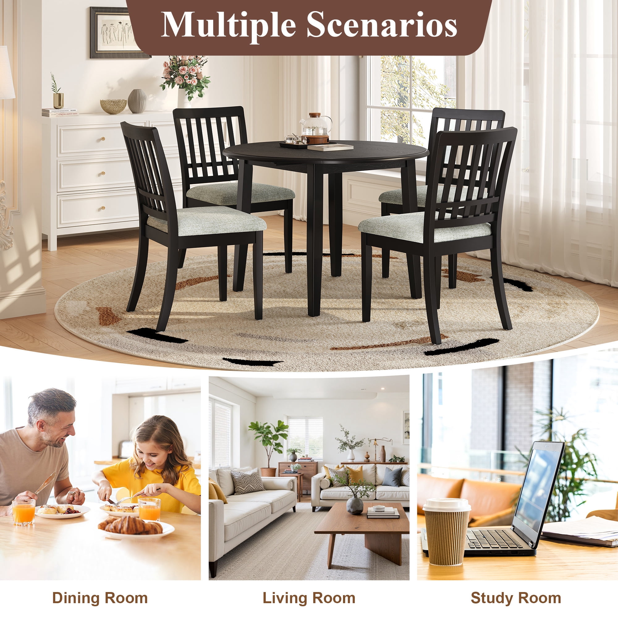 Euroco 5-Piece Round Dining Table Set for 4, Folding Wood Dining Table with 4 Upholstered Chairs, Farmhouse Kitchen Table Set for Small Space,Apartments,Black