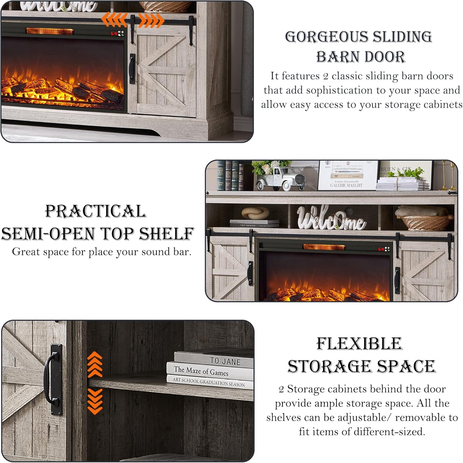 OKD Farmhouse Fireplace TV Stand for 80" TV, Highboy Entertainment Center with 36" Electric Fireplace, Media Console with Sliding Barn Door for Living Room, Light Rustic Oak