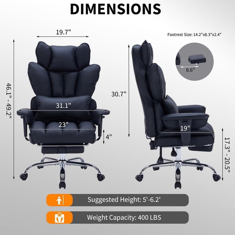 Office Chair with Footrest, 440LBS Capacity Big and Tall Executive Chair, Ergonomic High Back Desk Chair with Reclining Function, Faux Leather Computer Chair for Home Office