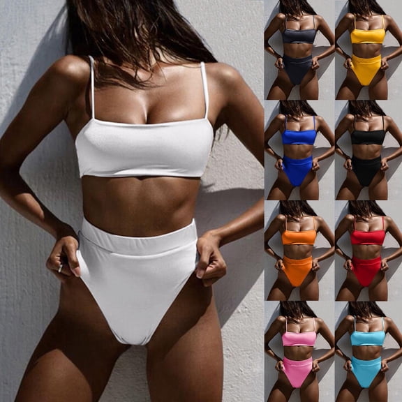 Women High Wasited Bikini Shoulder Strap 2 Piece High Cut String Swimsuits