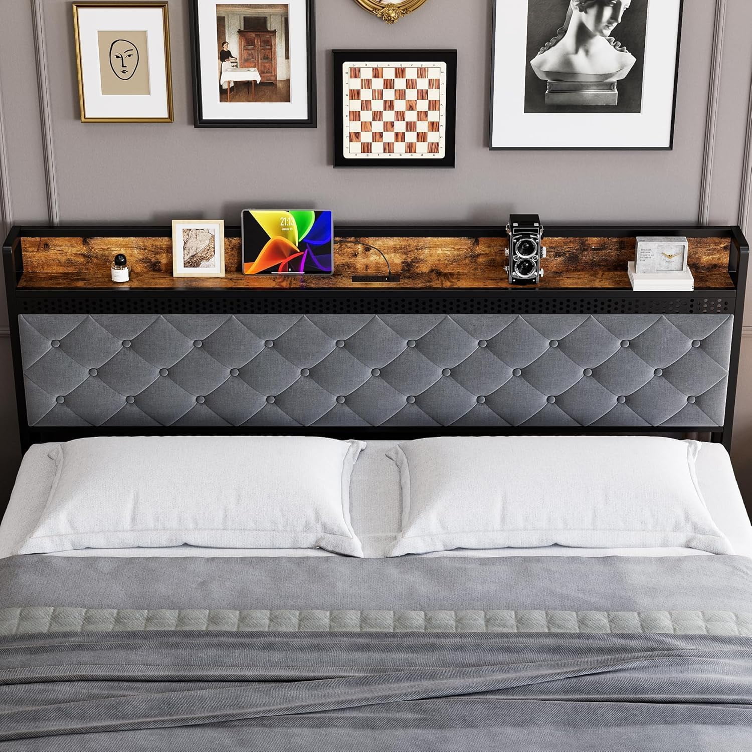 TROPOW King Size Bed Frame,Upholstered Platform Bed Frame with Storage Headboard and Charging Station, Metal Bed Frame with LED Lights and 2 Drawers, Noise Free, No Box Needed, Gray