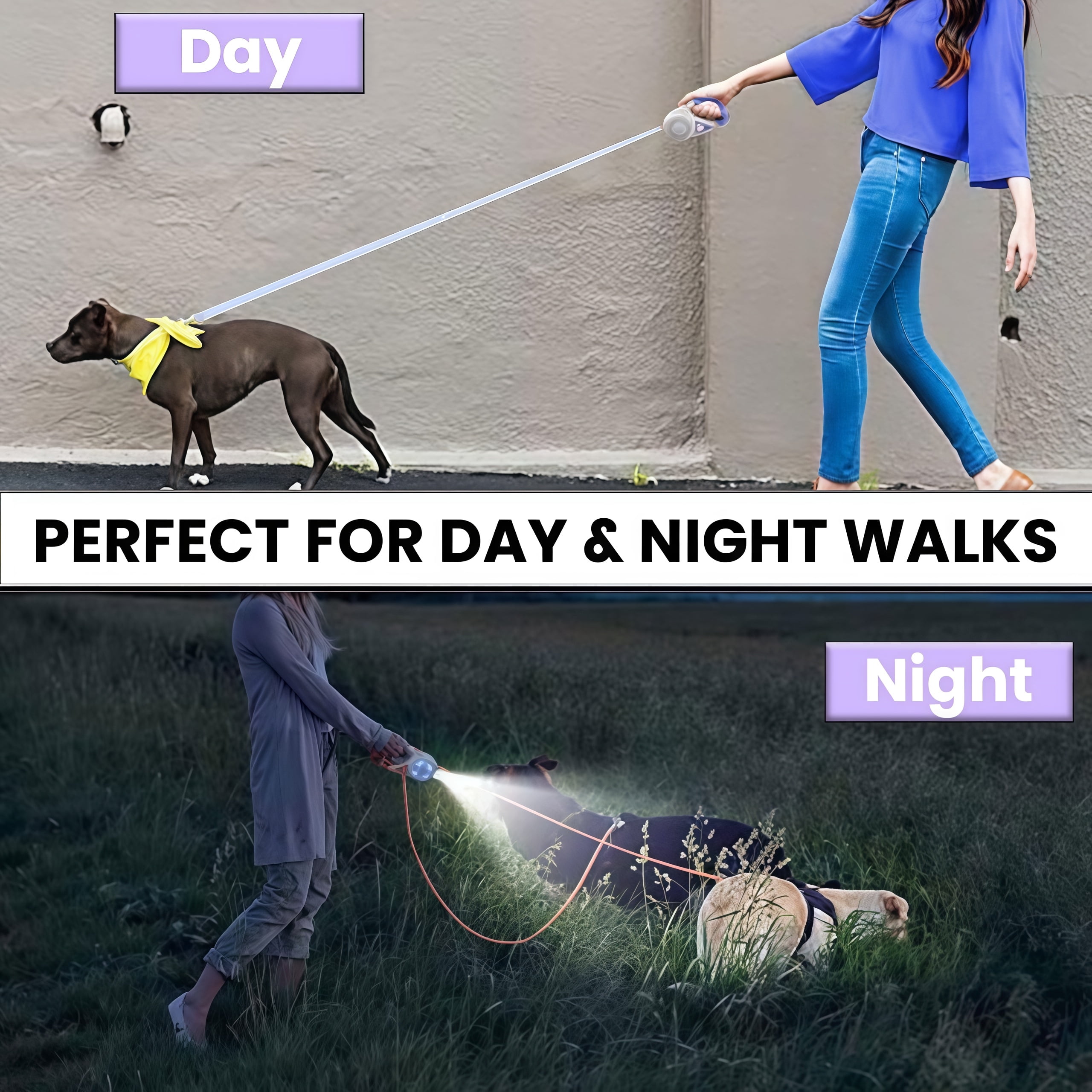 Dog Supplies Luminous Retractable Dog Leash with Front Safety Led Light - 360°Tangle-Free Training Leash for Ultimum Freedom with Anti Slip Handle Dogs & Cats - Purple