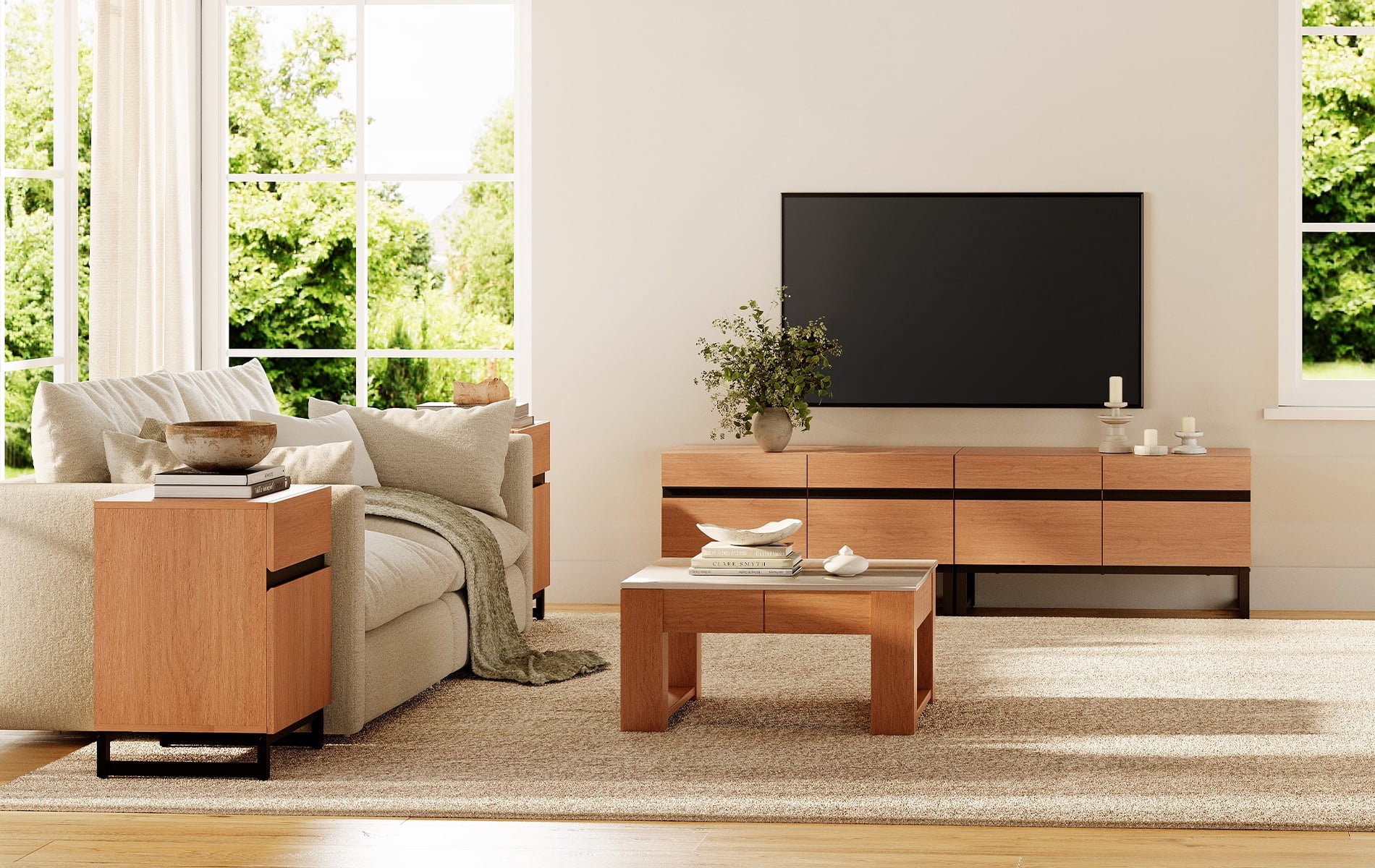 Modern 3-Piece Living Room Set, 71 Inch TV Stand And 2 End Table Sets With Drawers, Media Console with Storage Shelves, Sturdy Wood Frame & Metal Legs, Contemporary Furniture for Living Room,Mocha