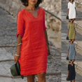 thumbnail image 5 of Women's Short Sleeve Cotton Linen Midi Dress Ladies Solid V Neck Baggy Sundress, 5 of 5