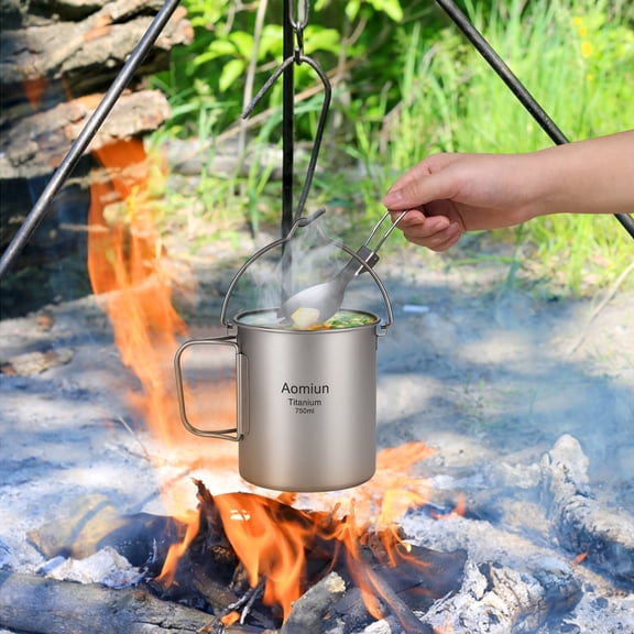 750ml titanium pot 750ml Pot Water Mug Cup with Lid and Foldable Handle Outdoor Camping Cooking Picnic Portable Cookware Set for Backpacking Hiking Adventure Durable Lightweight