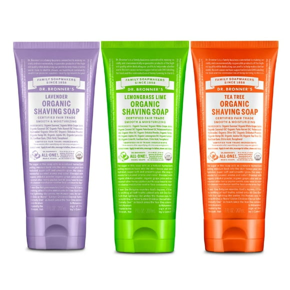 Dr. Bronner's - Savon à Raser Bio Assortiment - Lavande, Arbre à Thé, & Limonnelle, Certifié Bio, Poudre de Shikakai & Sucre, Hydrate, à Utiliser sur Visage, Aisselles & Jambes (7