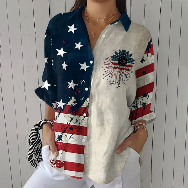 Séductiva Chemises pour Femmes 50 % de Réduction Liquidation Chemise Rétro Jour de l'Indépendance Drapeau Américain Impression Artistique Décontractée Col en V