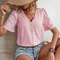 thumbnail image 4 of Womens Lace V Neck Short Sleeve Eyelet Tops Dressy Business Casual Work Shirts Blouse Solid Color Button Summer T Shirts, 4 of 5