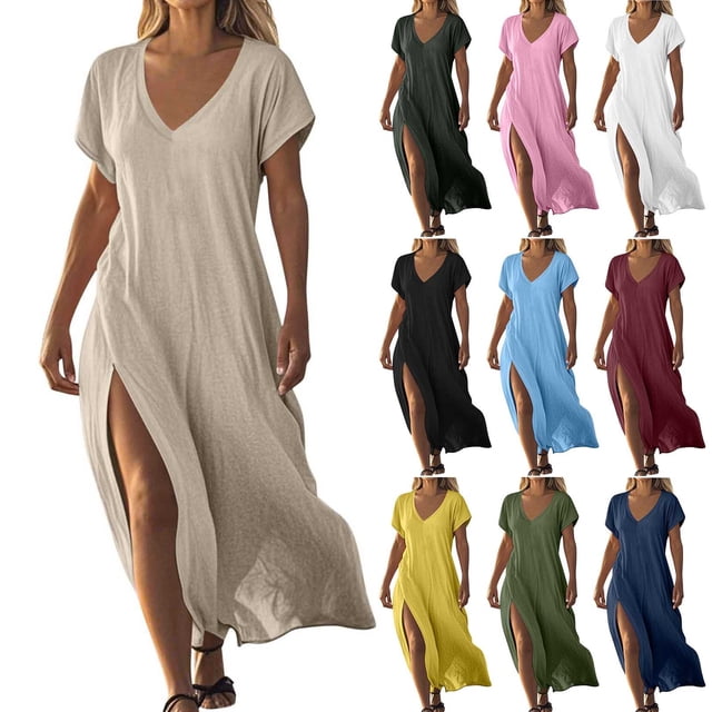 Sentmoon Robe Décontractée avec Poches avec Fente Col en V Lin Robes d'Été pour Femmes Couleur Unie Été Manches Courtes Amples Robes de Vacances pour Femmes 2025 Tendance pour Week-End Brunch TG