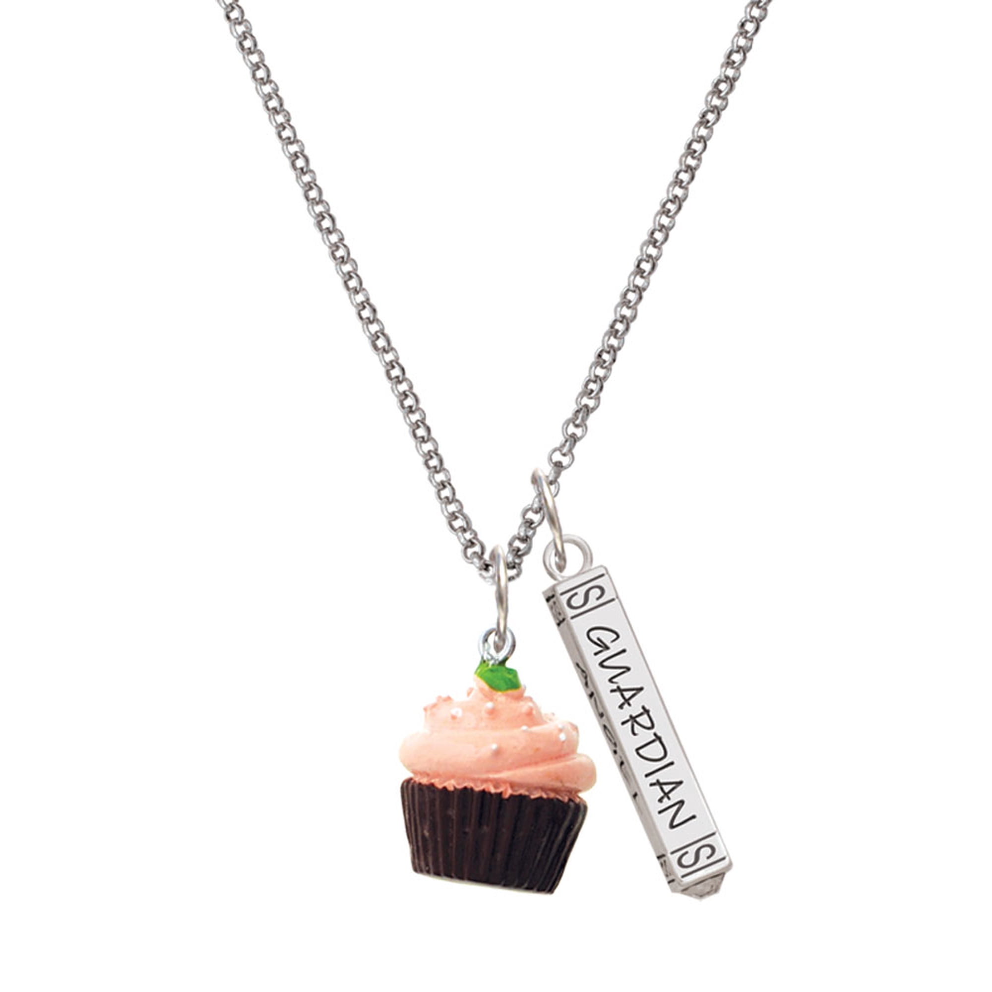 Delight Jewelry Resin Chocolate Cupcake with Pink Frosting Silvertone Guardian Angel Bar Charm Necklace 23