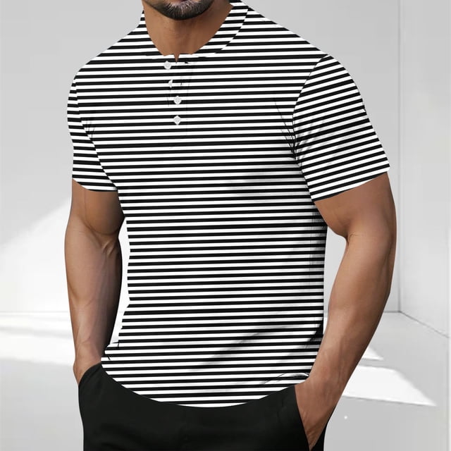 Blusas y camisas de manga corta y cuello redondo para hombre, blusa informal de poliéster de color liso con botones y cuello redondo a la moda para hombre.