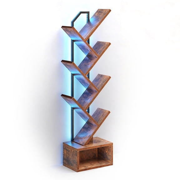 Casacomoda 6-Tier Tree Bookshelf with LED Light, Modern Corner Bookcase Display Shelf for Living Room, Bedroom & Home Office, Vintage