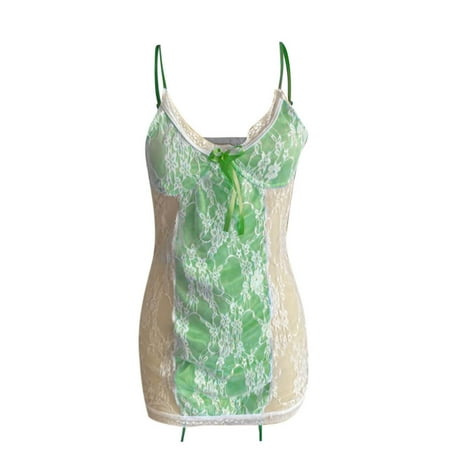 

YWDJ Pajamas for Women Soft Comfy Women Fashion Lace Sling Vest Hollow Mesh See-Through Ladies Nightdress Set Green XXXXL