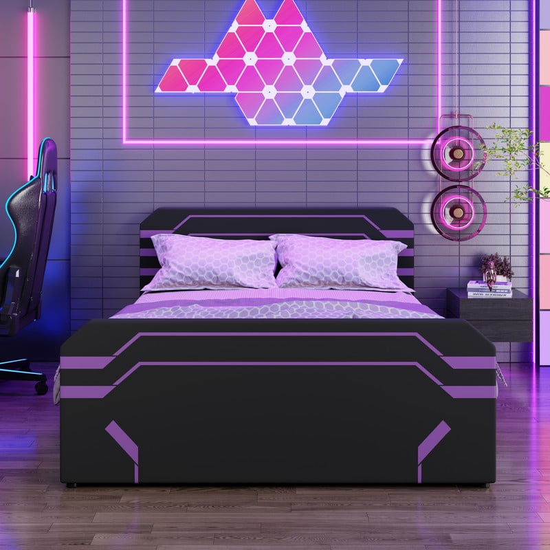 Queen Size PU Leather Gaming Bed Frame with Hydraulic Storage, Cyberpunk Style Platform Bed with Futuristic Pattern Headboard