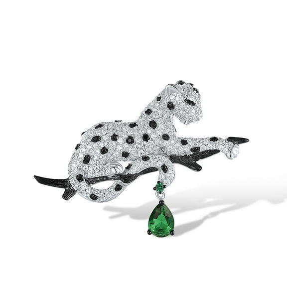 Santuzza Sterling Silver White Leopard Lying on Tree Branch Brooch Green Glass Cubic Zirconia Panther Brooch for Women