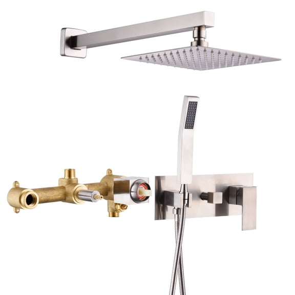 SUMERAIN Brushed Nickel Rain Shower System with Handheld Shower, Pressure Balance Shower Head System with Rough in Valve