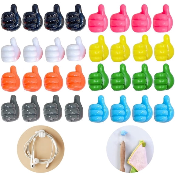 32 Pcs Self Adhesive Thumb Hooks,Waterproof Cable Holder Wire Cord Clip Management,Cute Thumb Cord Holder for Desk,Wall,Key (Multicolor)