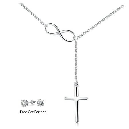 MODUO Silver 14K Yellow Gold Plated Cross Infinity Lariat Pendant Necklace Silver Jewelry with Adjustable Cross Pendant Birthday Gift for Women